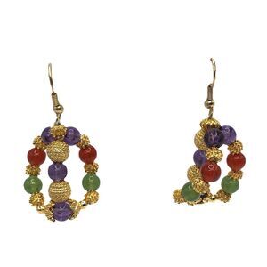 Vintage Gold Beaded Dangle Earrings Purple Red Green